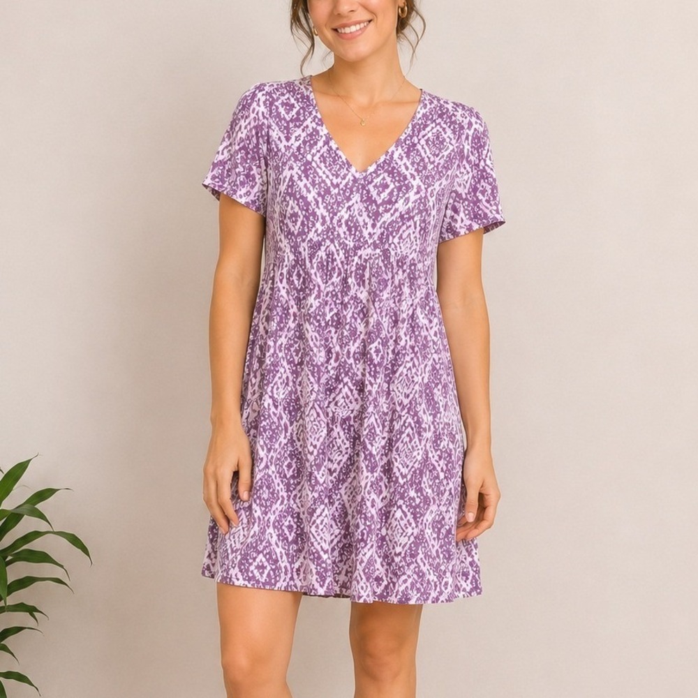 Altar'd State Purple White Ikat Floral Babydoll Mini Dress S Boho Bohemian Flowy